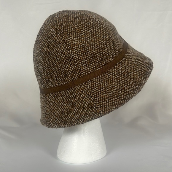Brown Tweed Cloche Wool Panel Bucket Hat Ribbon Bow Trim Heathered Lined Women’s - Picture 8 of 15
